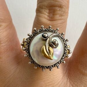 Designer Barbara Bixby 18K Yellow Gold & 925 Sterling Silver Pearl Sz 8